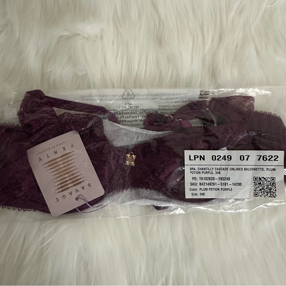 🆕 Savage X Fenty Plum Purple Lace Unlined Bra - Size: 34B - Picture 7 of 7